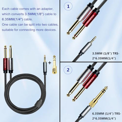 RIVIERA 20FT/6.0M Audio Cable 3.5mm 1/8" TRS to Dual 6.35mm 1/4" TS Braided Sheild Copper Wire and 24K Gold Plated Low Noise with Braided Nylon Jacket for Digital Players & Musical Instruments - color: 1/8 TRS-Dual 1/4 TS Black, size: 20FT/6.0M