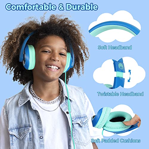 rockpapa Comfort+ Kids Headphones with Microphone and Volume Control, Boys Girls Student Over-Ear Headphones Wired for School Classroom Laptop PC Computer Tablet Sky Blue Teal - color: Blue/Teal