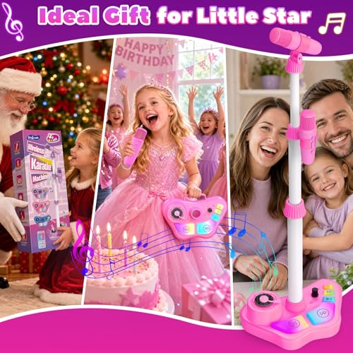 Kids Rechargeable Karaoke Machine Toys with Adjustable Stand, 3-5 4-6 7 8 Year Old GirlsWireless Microphone Gifts, Bluetooth Speaker with 2 Mic Toddler Birthday Gift for Girl Ages 3-8 - color: Pink