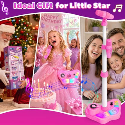 Kids Rechargeable Karaoke Machine Toys with Adjustable Stand, 3-5 4-6 7 8 Year Old GirlsWireless Microphone Gifts, Bluetooth Speaker with 2 Mic Toddler Birthday Gift for Girl Ages 3-8 - color: Pink