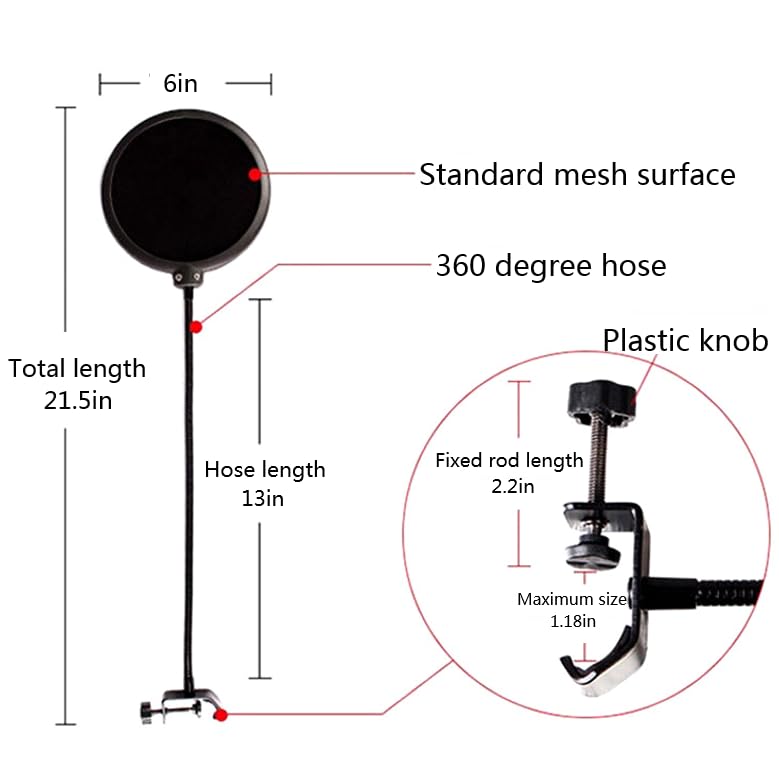professional microphone windproof and spray proof cover, 6-inch double-layer windproof screen with flexible 360 ° gooseneck clip stabilizing arm, suitable for Blue Yeti and any other microphone (1)