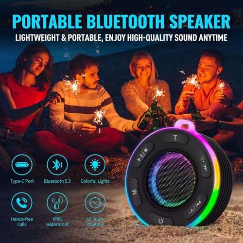 Portable Bluetooth Shower Speaker with Waterproof,Stereo,LED Light | Over 10H Playtime,Built-in Micro,Suction Cup&Hook,for Outdoor,Kitchen,Kayak,Beach,Camping,Gifts for Unisex