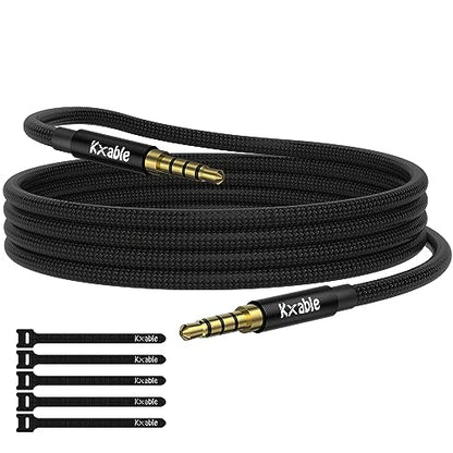 Kxable 3.5mm Audio Cable, 4-Pole Hi-Fi Stereo TRRS Aux Jack 25FT, Nylon Braided, Microphone Compatible, 1/8 inch Male to Male Auxiliary Cord Extension for Headphones, Car, iPad, Phone, Tablet- Black - size: 25FT
