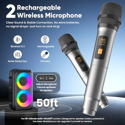 Karaoke Machine for Adults Kids, Portable Bluetooth Speaker with 2 Wireless Microphones, TWS Mode & LED Light, 10H Battery PA System, Home Party Outdoor Camping Birthday (2 Mics) - size: 2 Mics