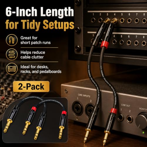 TRS Cable 1/4 Inch 6 Inch 2-Pack Gold-Plated Balanced for Guitar Keyboard | 2x 6in Balanced TRS Patch Cable 20AWG OFC Shielded for Mixer Amplifier Studio Monitor Pedalboard