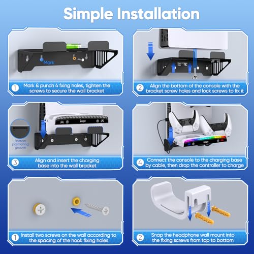 Wall Mount Kit for PS5 Pro/Slim/Original with Charging Station | Charger with RGB Light, Headset Holder & USB Hub for PlayStation 5 Pro/Slim/Original