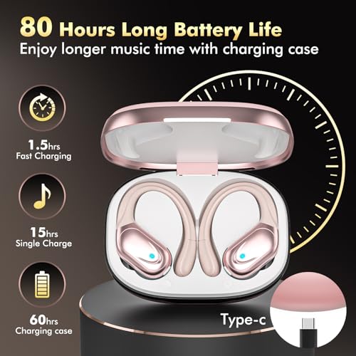 HAOYUYAN Sports Bluetooth Headphones, 80Hrs Playtime Wireless Earbuds with LED Power Display, IPX7 Waterproof Earphones for Workout/Running, Noise Canceling Headset Ear Buds - color: Pink Gold