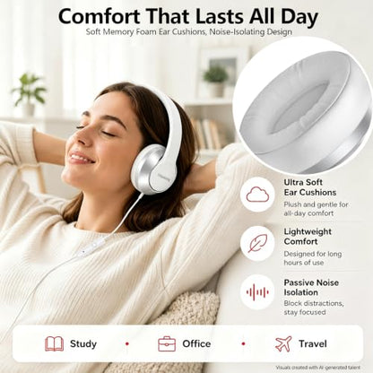 3.5mm Wired Headphones with Mic, Over-Ear, for School, Teen & Adult, White - color: White