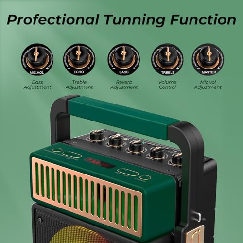 JYX Bluetooth PA Speaker System with 2 Wireless Mics, Retro 60W Karaoke Machine with LED Lights, Supports Recording, USB/TF/AUX/MIC Input for Home Party