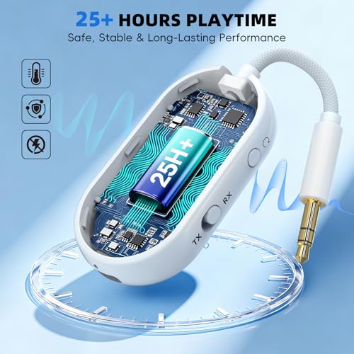 Bluetooth 5.3 Wireless Audio Transmitter & Receiver, 3.5mm AUX Adapter, Supports 2 AirPods or Headphones, 25+ Hr Battery Life, Airplane Bluetooth Adapter for Travel, Flight, TV, Car & Gym