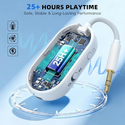 Bluetooth 5.3 Wireless Audio Transmitter & Receiver, 3.5mm AUX Adapter, Supports 2 AirPods or Headphones, 25+ Hr Battery Life, Airplane Bluetooth Adapter for Travel, Flight, TV, Car & Gym