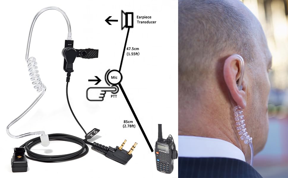 HYS Law Enforcement Ear piece for Radio with Mic, Surveillance Covert Acoustic Tube Headset with Mic for 2 Pin Kenwood Baofeng Two Way Radio