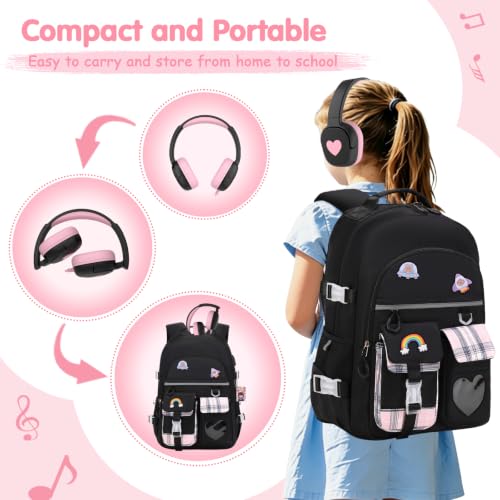 ACESAK Girls Backpack with Headphones, Insulated Lunch Box & Pencil Case | Girls School Backpack with 3.5mm Wired Headphones for School Bookbag Schoolbag Set Back To School Gift, Black - color: Black