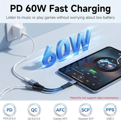 USB C to 3.5mm Headphone and Charger Adapter,2 in-1 USB C PD 3.0 Charging Port to Aux Audio Jack and Fast Charging Dongle Cable Cord for iPhone 17 Iphone16, iPhone 15, Galaxy (1-Pack) - size: 1-Pack