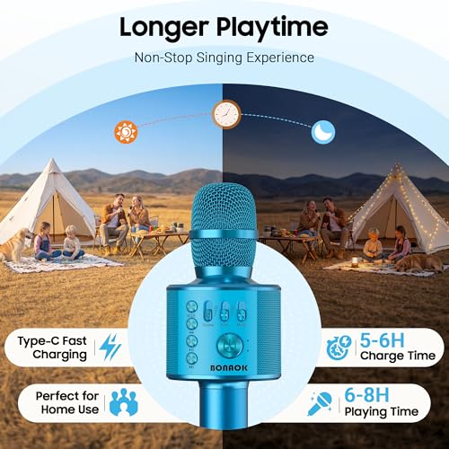 BONAOK Wireless Bluetooth Karaoke Microphone,3-in-1 Portable Handheld Karaoke Mic Speaker Machine Birthday Home Party for PC or All Smartphone (Q37 Blue) - color: Blue