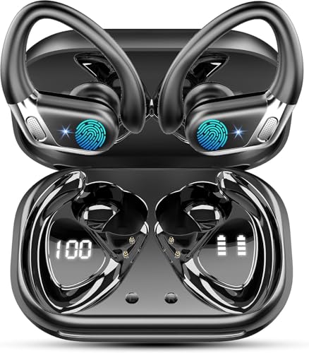 Wireless Earbuds Bluetooth 5.4 Headphones Sport, ENC Noise Canceling Mic | 2026 Bluetooth Earbuds, 50H Stereo Wireless Headphones IP7 Waterproof with Earhooks for Workout/Running Dual LED Display - color: Black Pro