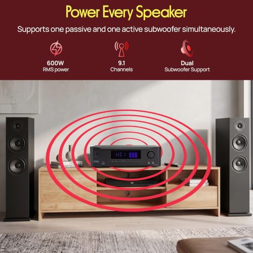 Pyle 9.1 Channel AV Receiver | Audio Amplifier with Subwoofer Output, HDMI 2.1, Bluetooth Streaming | Surround Sound System for TV, Home Stereo Receiver for Home Theater.