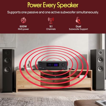 Pyle 9.1 Channel AV Receiver | Audio Amplifier with Subwoofer Output, HDMI 2.1, Bluetooth Streaming | Surround Sound System for TV, Home Stereo Receiver for Home Theater.