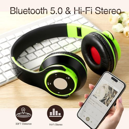 Bluetooth Headphones Over Ear, Wireless Headphones with 5 EQ Modes, 20 Hours Playtime Foldable HiFi Stereo Headset with Microphone, FM/TF for Cellphone/PC/Work/Travel/Kids/Adults/Gift (Green) - color: Green