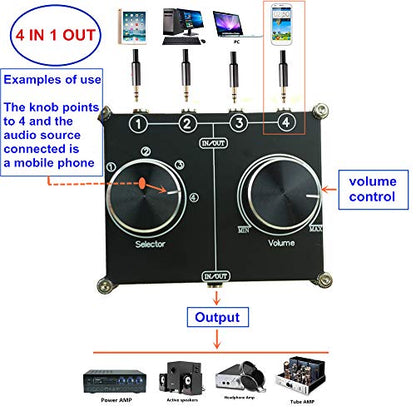 3.5mm AUX Cable Switcher, 4 Input 1 Output, AUX 1/8" Source Stereo Splitter, Audio Selector Box, Signal Switch with Volume Control for Home Audio - color: 4 ports 3.5mm switch(4 IN 1 OUT)