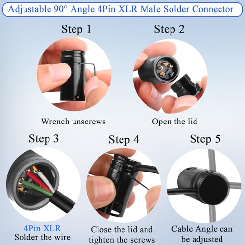 QIANRENON Compact 4Pin XLR Solder Adapter Adjustable 90° Angle 4Pin XLR Male Thin Cable Microphone Connector Gold Plated 4 Pole x-LR Audio Plug, for DIY Restoration XLR4, with 0.9mm Wrench