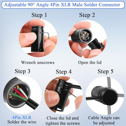 QIANRENON Compact 4Pin XLR Solder Adapter Adjustable 90° Angle 4Pin XLR Male Thin Cable Microphone Connector Gold Plated 4 Pole x-LR Audio Plug, for DIY Restoration XLR4, with 0.9mm Wrench