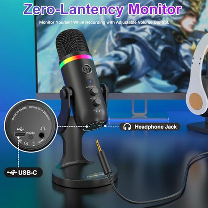 ZealSound Podcast Microphone for PC, USB Mic with Noise Reduction, Tap-to-Mute, Gain & Echo Controls, Zero-Latency Monitoring, RGB Lighting for Mac, iPhone, iPad, Live Streaming & Voice-Over K66 Pro - color: RGB