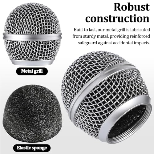 Microphone Head Replace Microphone Cover Microphone Windscreen Microphone Pop Filter Microphone Ball Head Mesh with Inner Foam Microphone Replacement Grille for Shure Sm58, 2 Pcs, Silver