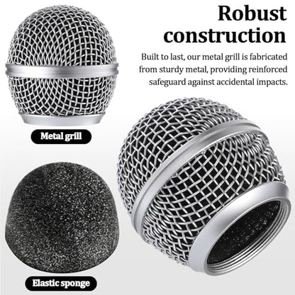 Microphone Head Replace Microphone Cover Microphone Windscreen Microphone Pop Filter Microphone Ball Head Mesh with Inner Foam Microphone Replacement Grille for Shure Sm58, 2 Pcs, Silver