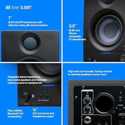 PreSonus Eris 3.5 Bluetooth Powered Studio Monitors, Pair —| | 50W, Woven-Composite Woofer, Silk-Dome Tweeter, Black - color: Black, size: 3.5" Bluetooth