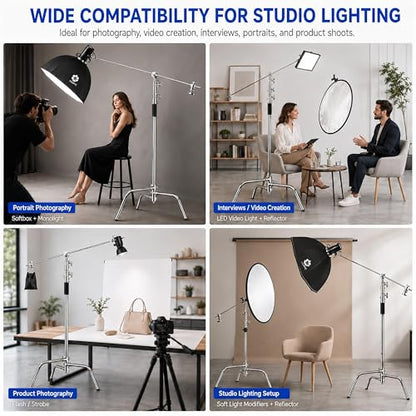 C Stand with Boom Arm, 6.9ft/210cm, 88cm Extension Arm | Heavy Duty Stainless Steel, Turtle Base, 2 Grip Heads, Buffer Spring, For Softbox, Reflector, Strobe - size: 210cm 1 Pack