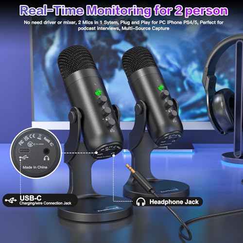 ZealSound Wireless Podcast Microphone for PC & iPhone, Dual Desktop Mics with Noise Reduction, Tap-to-Mute, Gain & Echo Controls, Zero-Latency Monitoring for Podcasting & Streaming YouTube TikTok - color: Phantom Black