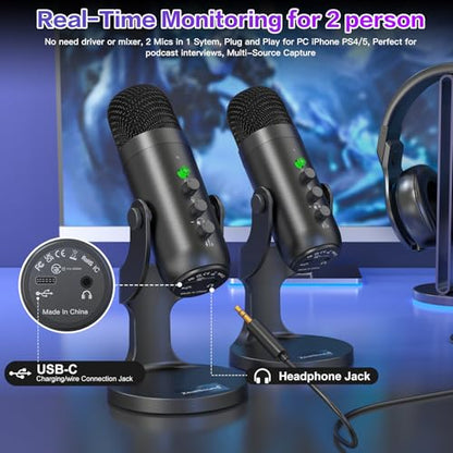 ZealSound Wireless Podcast Microphone for PC & iPhone, Dual Desktop Mics with Noise Reduction, Tap-to-Mute, Gain & Echo Controls, Zero-Latency Monitoring for Podcasting & Streaming YouTube TikTok - color: Phantom Black