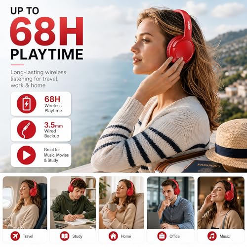 Bluetooth Headphones Wireless 68H with Mic,Decent Sound-Acceptable Red | Adjustable Headband Foldable Over-Ear Lightweight for Office/Travel/Tablet/iPad/Laptop,HD Stereo Sound,Aux 3.5mm - color: Red
