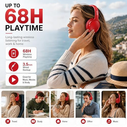 Bluetooth Headphones Wireless 68H with Mic,Decent Sound-Acceptable Red | Adjustable Headband Foldable Over-Ear Lightweight for Office/Travel/Tablet/iPad/Laptop,HD Stereo Sound,Aux 3.5mm - color: Red
