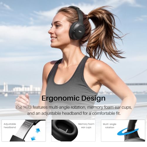 TOZO HT3 Hybrid Noise Cancelling Wireless Headphones, 90H Over Ear Headset | Hi Res Audio, AI Voice Assistant, Dual Device Connection, 32 Custom EQs, Built In 5 Mics, ANC, Foldable, Bluetooth 6.0 - color: Titanium Black