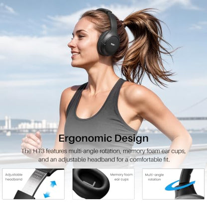 TOZO HT3 Hybrid Noise Cancelling Wireless Headphones, 90H Over Ear Headset | Hi Res Audio, AI Voice Assistant, Dual Device Connection, 32 Custom EQs, Built In 5 Mics, ANC, Foldable, Bluetooth 6.0 - color: Titanium Black