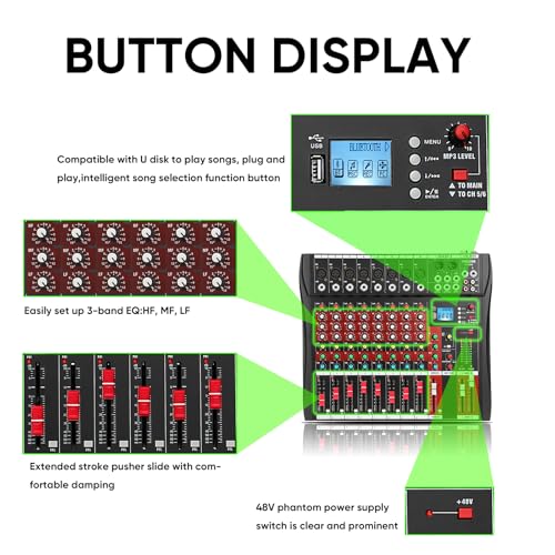 FULUODE Audio Mixer 8 Channel, CT-80S Professional Sound System Mixer Board DJ Mixing Console with Reverb MP3 Player Bluetooth 48V Phantom Power Supply USB Recording for Studio Karaoke Live Music