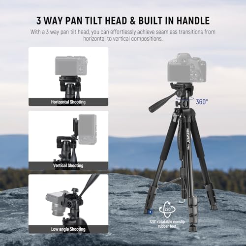 NEEWER Basics TP05 74" Video Tripod Monopod, 3 Way Pan Tilt Head Phone Holder Compatible with iPhone DSLR, Travel Recording Stand, Overhead Camera Mount, Crossbar, 17.6lb Load - style: TP05 w/Phone Holder