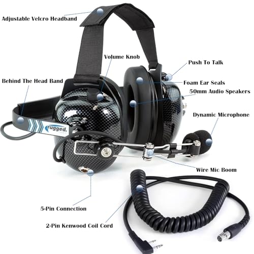Rugged Radios H41-CF Headset & CC-Ken 2-Pin Coil Cord for Handheld Radios | 24dB NRR Headset Bundle for Baofeng, Rugged, Kenwood, HYT, Relm, SAMCOM & Wouxun Radios with PTT and 3.5mm Jack