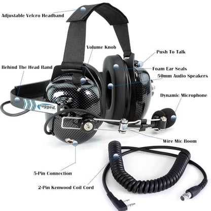 Rugged Radios H41-CF Headset & CC-Ken 2-Pin Coil Cord for Handheld Radios | 24dB NRR Headset Bundle for Baofeng, Rugged, Kenwood, HYT, Relm, SAMCOM & Wouxun Radios with PTT and 3.5mm Jack