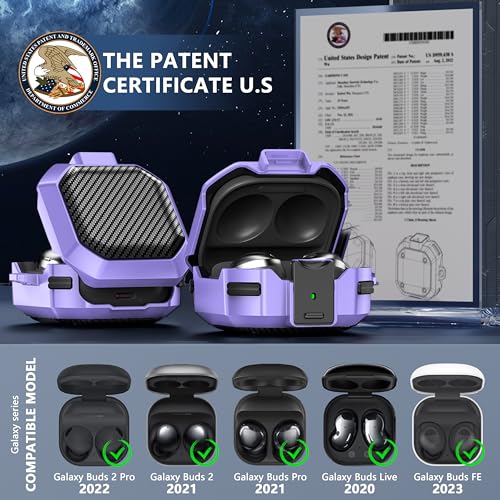 with Lock Carbon Fiber Case for Samsung Galaxy Buds Pro 2 Case/Galaxy Buds FE Cases 2023/Bud 2/Bud Live/G Bud Pro with Keychain and Cleaner Kit- Purple - color: C3-Carbon Fiber Purple+ Pen