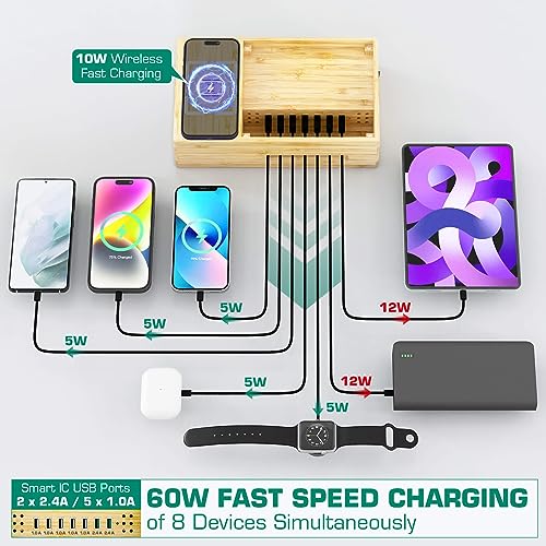 Bamboo Wireless Charging Station for Multiple Devices - Wood Docking Station Organizer, Qi Certified Fast Wireless Charger, 7 USB Charging Ports for Cellphone, Smart Watch, Earbuds, Tablet | Qi Certified Fast Wireless Charger, 7 USB Charging Ports for Pho