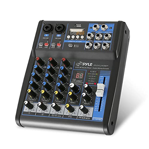 Pyle 4 Channel Audio Mixer with Bluetooth - DJ Sound Board Controller - USB Computer Input - Built-in MP3 Player - 48V Phantom Power - 3 Band EQ - 16-Bit DSP FX - Band, Studio Ready - PMXU43BT