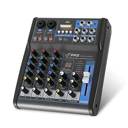 Pyle 4 Channel Audio Mixer with Bluetooth - DJ Sound Board Controller - USB Computer Input - Built-in MP3 Player - 48V Phantom Power - 3 Band EQ - 16-Bit DSP FX - Band, Studio Ready - PMXU43BT