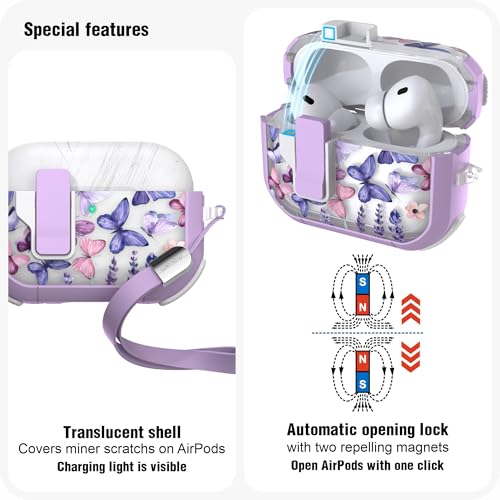 WENEW for AirPods Pro 3 Case (2025) Cover Secure Lock Automatic Snap Switch Clip Cleaner Kit Lanyard Women Stylish Flower Hard Shell Full Body Front LED Visible (Purple Butterfly, AirPods Pro 3) - color: Purple Butterfly, size: AirPods Pro 3