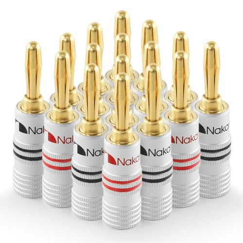 Nakamichi GrubLock Excel Series 24k Gold Plated Banana Plugs, 10-18 AWG | Gauge Size 4mm for Speakers Amplifier Hi-Fi AV Receiver Stereo Radio Audio Wire Cable Screw Connector, 16 Pcs (8-Pairs) - size: 16 Pcs (8-Pairs)