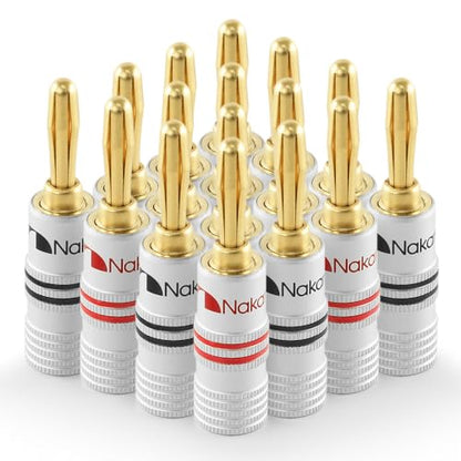 Nakamichi GrubLock Excel Series 24k Gold Plated Banana Plugs, 10-18 AWG | Gauge Size 4mm for Speakers Amplifier Hi-Fi AV Receiver Stereo Radio Audio Wire Cable Screw Connector, 16 Pcs (8-Pairs) - size: 16 Pcs (8-Pairs)