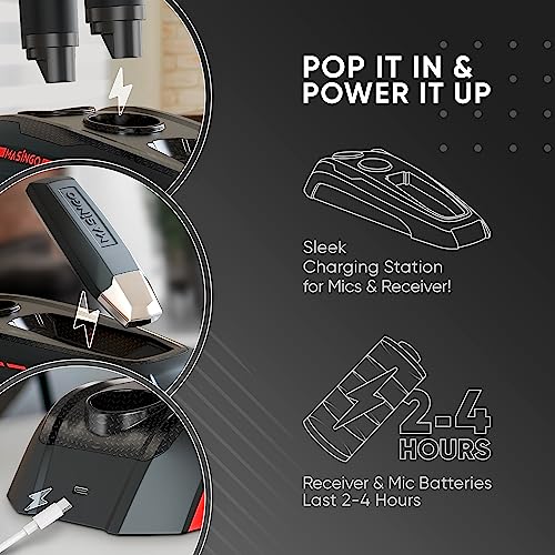 MASINGO 2 Wireless Karaoke Microphones, Integrated Bluetooth Receiver - Connects Mics and Smartphone to Any Speaker with AUX/Mic Input - Includes Singer Vocal Removal Mode + Charging Base - A12