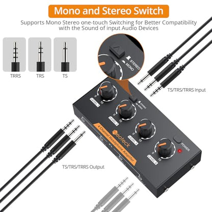Neoteck 4 Channel Stereo Headphone Amplifier Audio Mono/Stereo Amplifier | with Volume Control 4 Channel in Metal with 3.5mm Audio Cable Suitable for Recordings/Mixing/Musical Practices